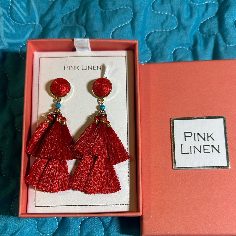 Pink Linen Red Tassel Earrings